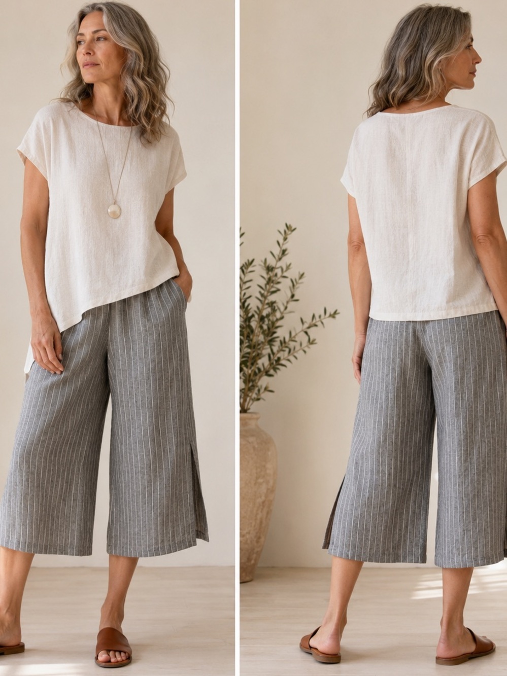 Ramonlisa Hemp Organic Cotton Wide Leg Crop Pants Striped